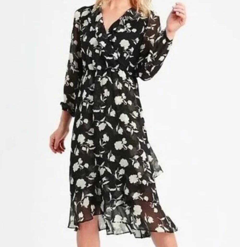 Banana Republic Faux Wrap Floral Chiffon Midi Dress Black White Medium Petite
